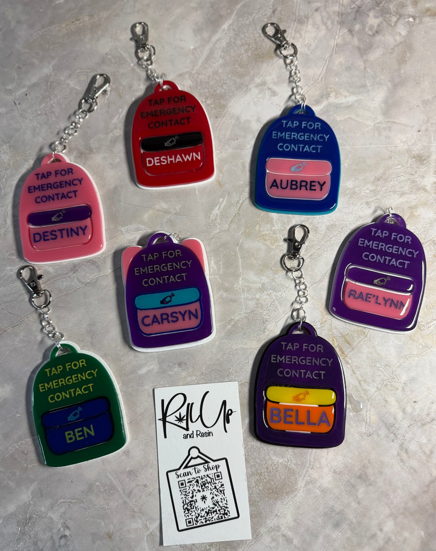Emergency Contact Backpack Keychains
